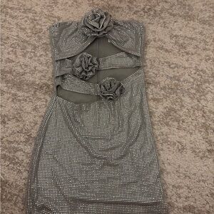 Meshki Gray Strapless Mini Dress with Floral Details